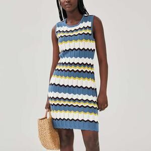 Joe Fresh Crochet Knit Sweater Vest Striped Chevron Blue Yellow White Sz S